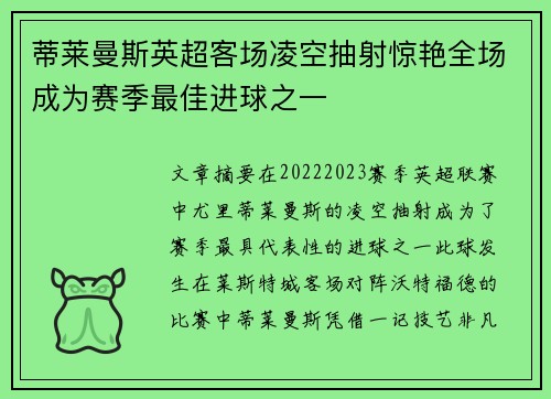 蒂莱曼斯英超客场凌空抽射惊艳全场成为赛季最佳进球之一 蒂莱曼斯英超客场凌空抽射惊艳全场成为赛季最佳进球之一