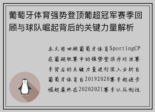 葡萄牙体育强势登顶葡超冠军赛季回顾与球队崛起背后的关键力量解析 葡萄牙体育强势登顶葡超冠军赛季回顾与球队崛起背后的关键力量解析